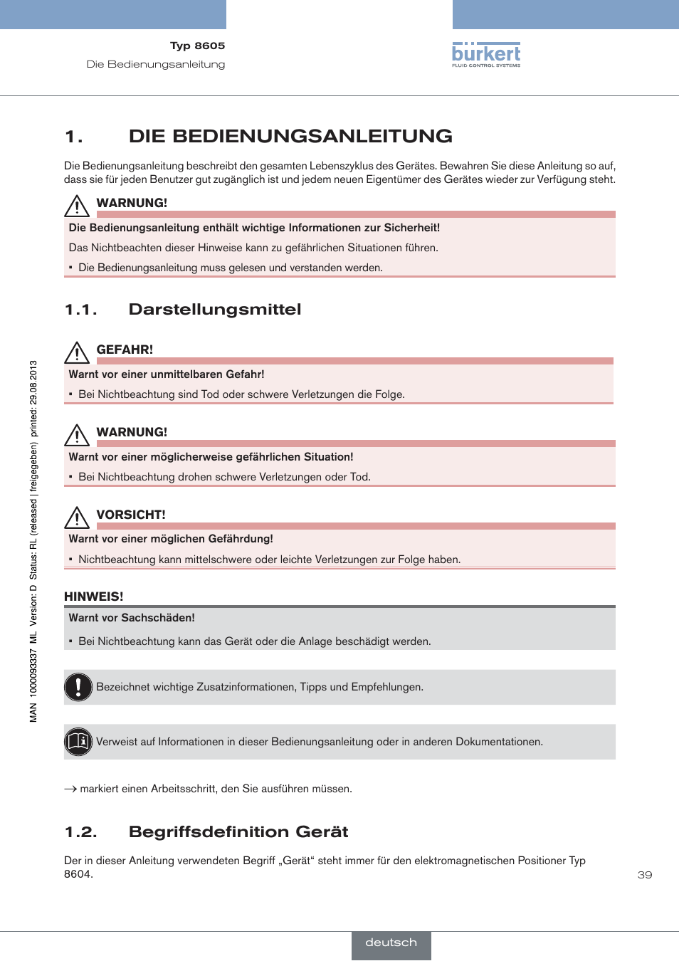 Die bedienungsanleitung, Darstellungsmittel, Begriffsdefinition gerät | Burkert Type 8605 User Manual | Page 39 / 108