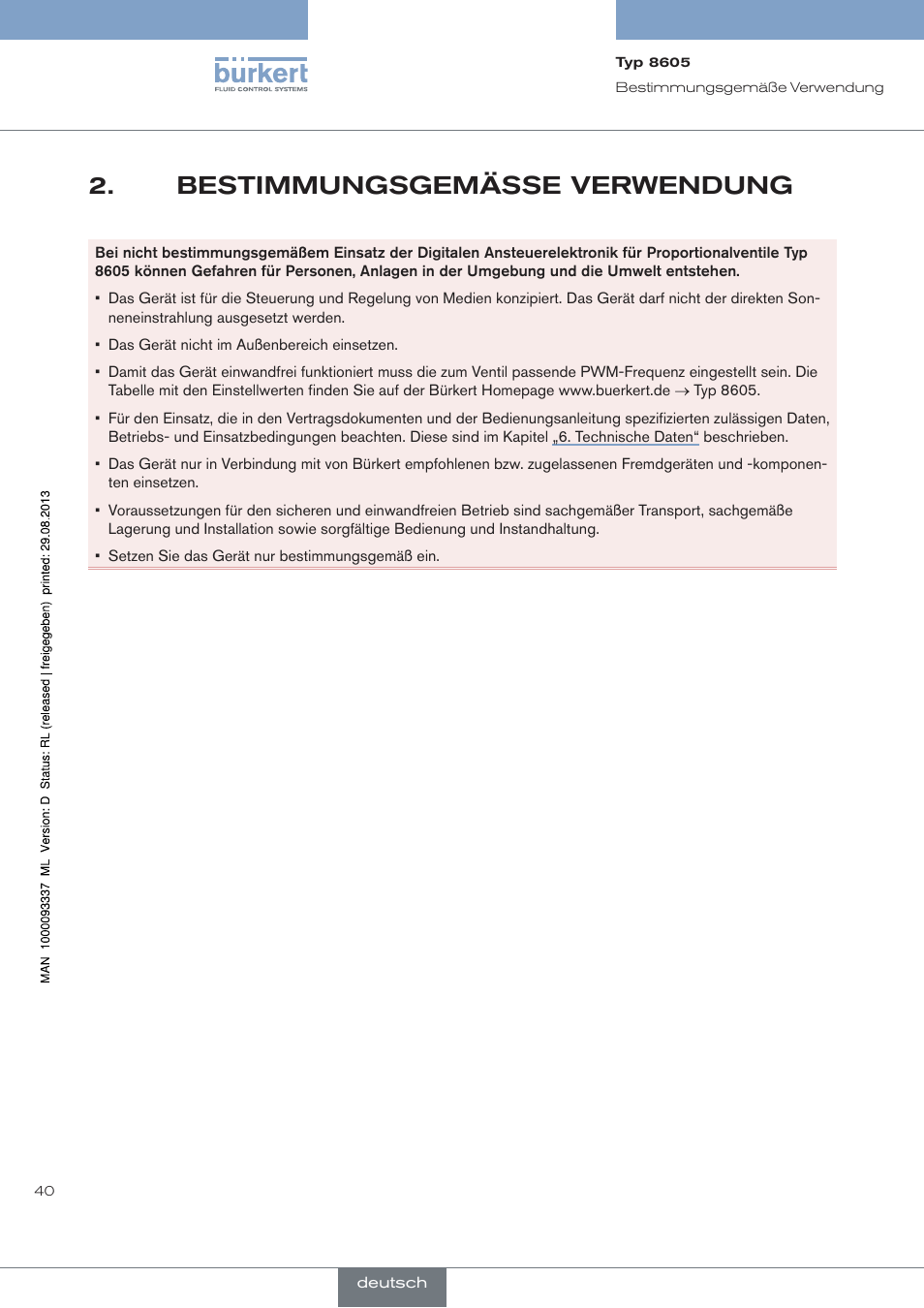 Bestimmungsgemässe verwendung | Burkert Type 8605 User Manual | Page 40 / 108