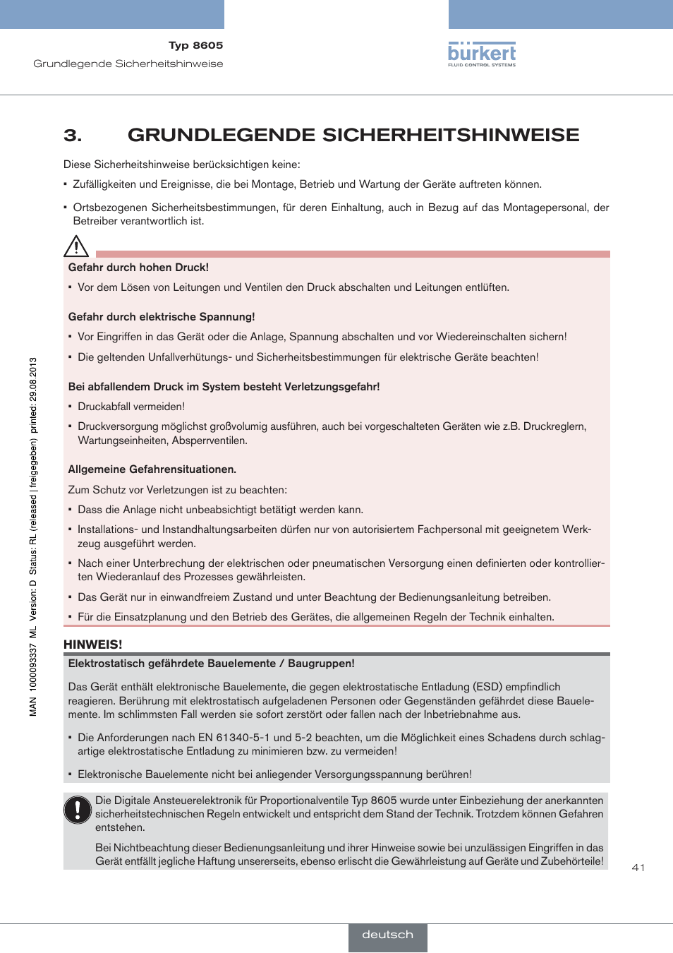 Grundlegende sicherheitshinweise | Burkert Type 8605 User Manual | Page 41 / 108