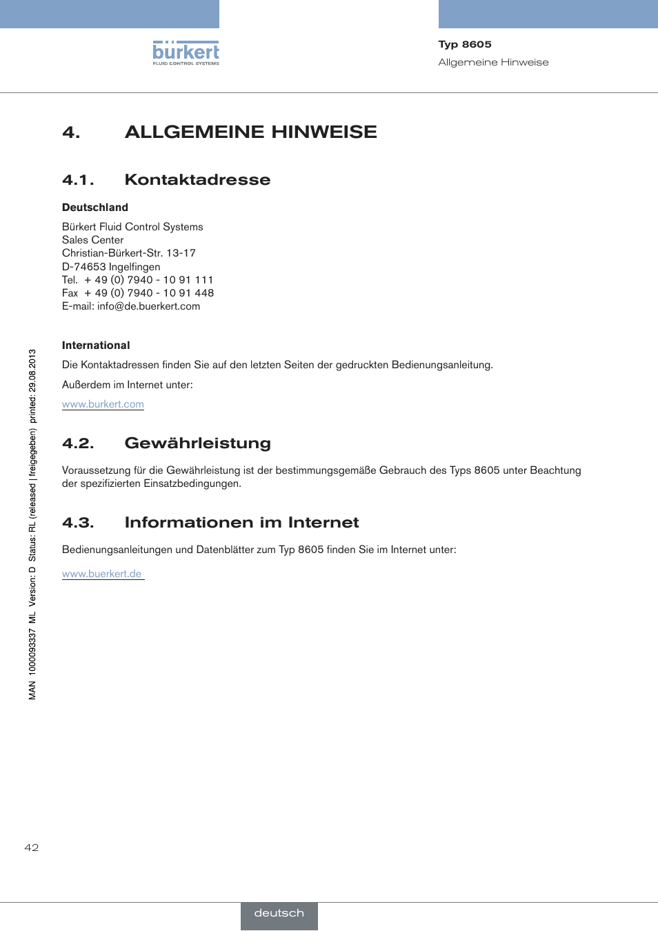 Allgemeine hinweise, Kontaktadresse, Gewährleistung | Informationen im internet | Burkert Type 8605 User Manual | Page 42 / 108