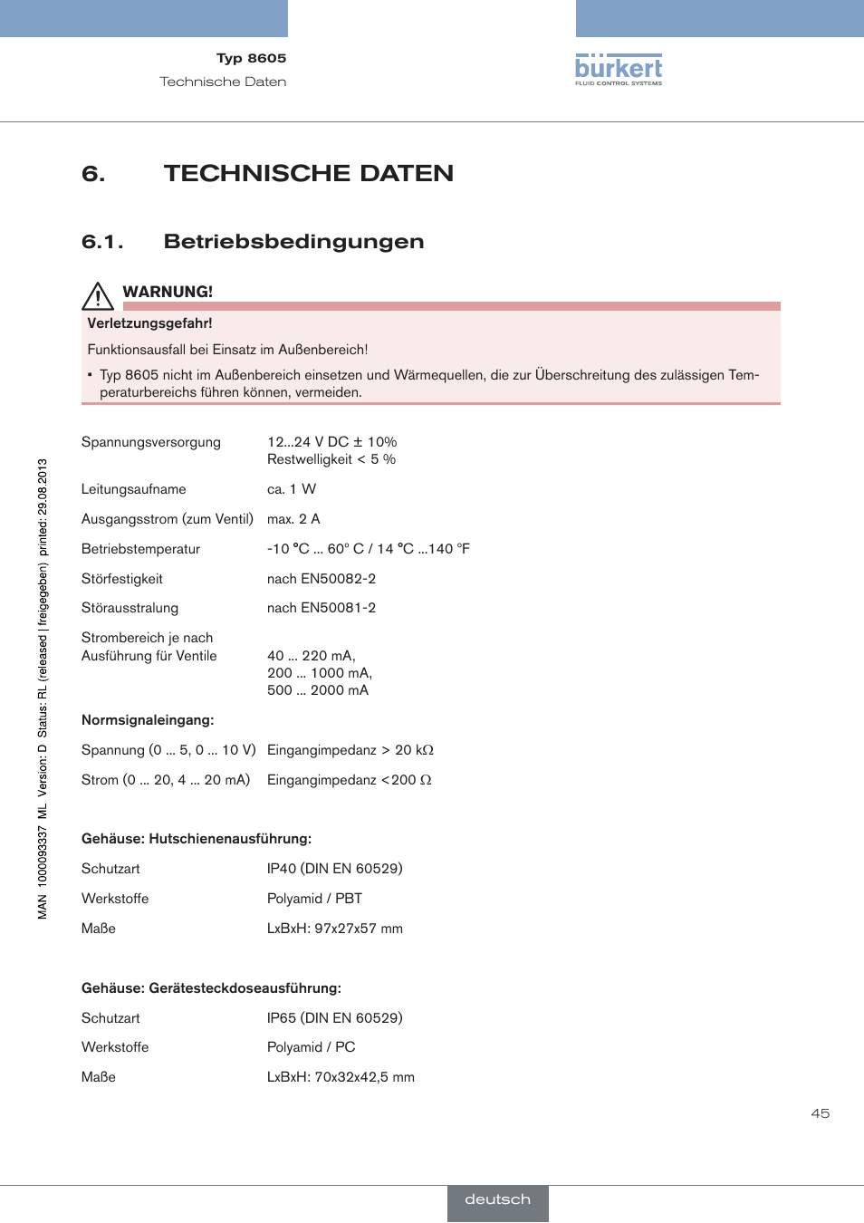 Technische daten, Betriebsbedingungen | Burkert Type 8605 User Manual | Page 45 / 108