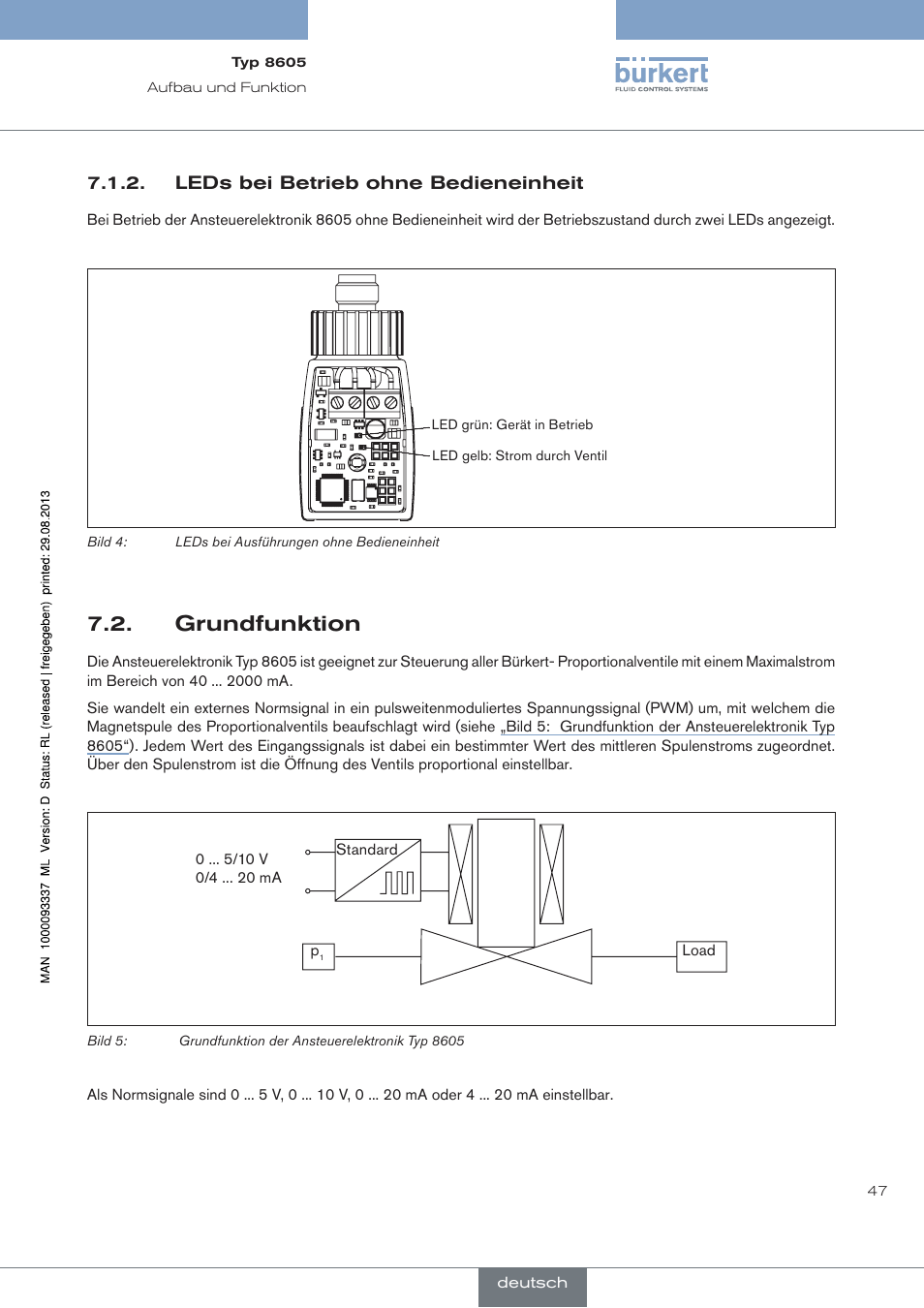 Leds bei betrieb ohne bedieneinheit, Grundfunktion | Burkert Type 8605 User Manual | Page 47 / 108