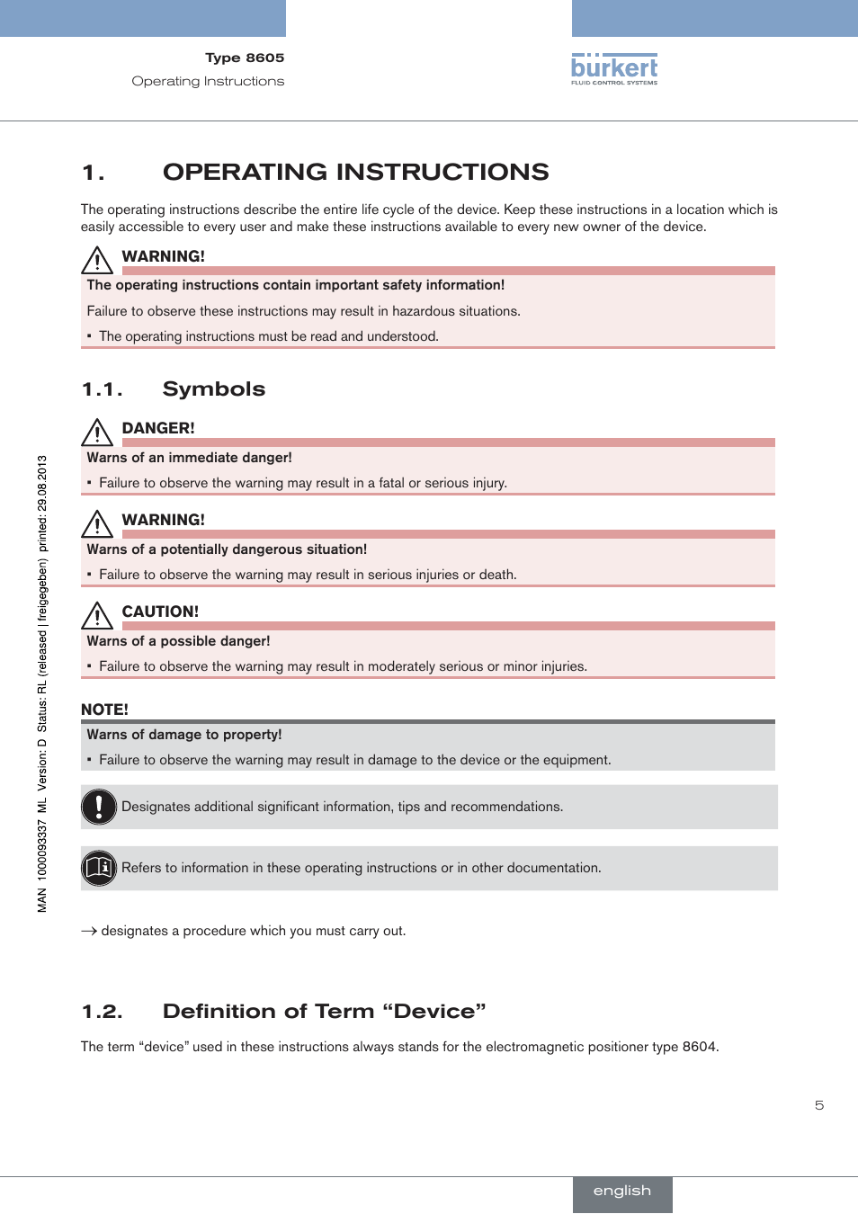 Operating instructions, Symbols, Definition of term “device | Burkert Type 8605 User Manual | Page 5 / 108