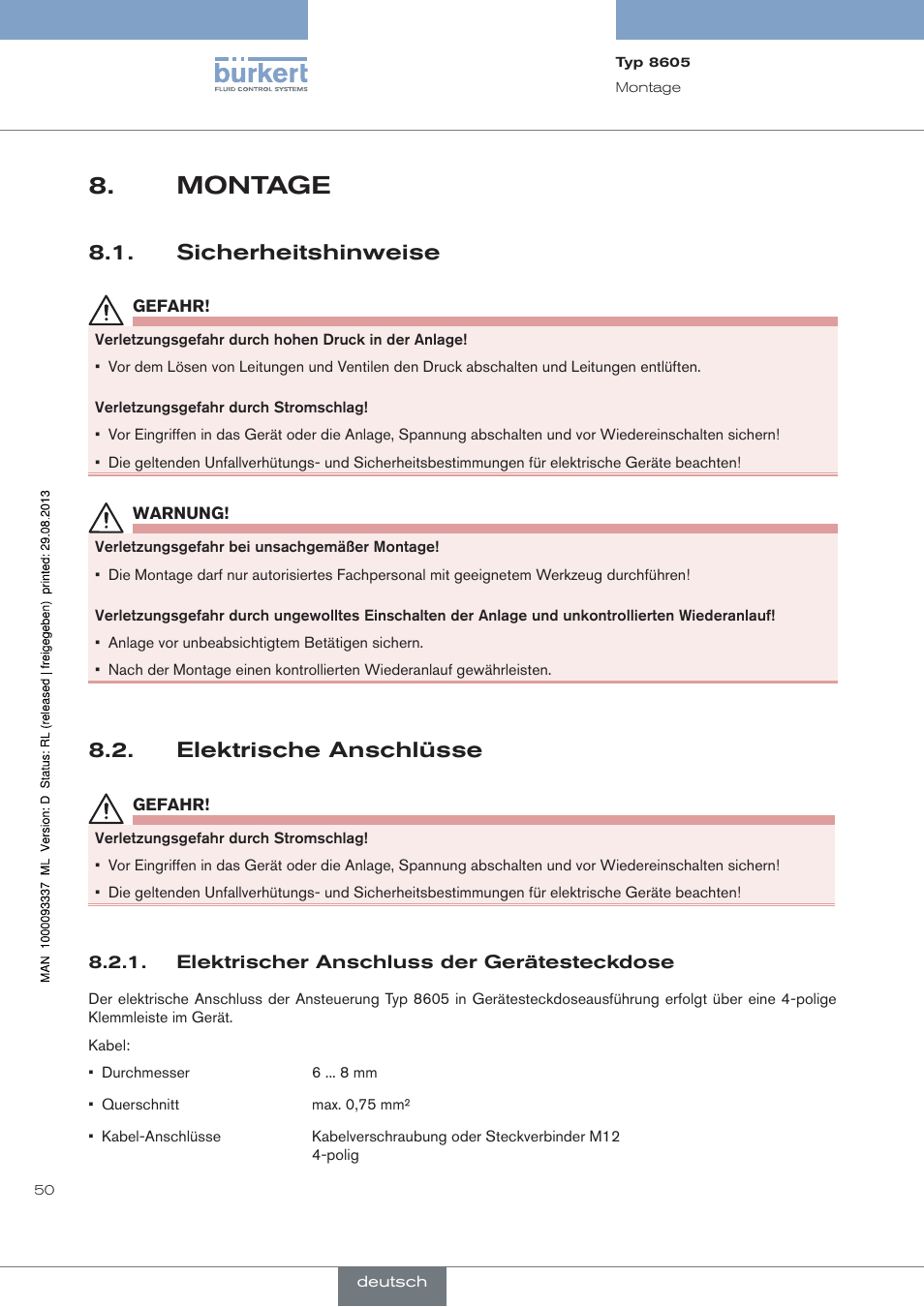 Montage, Sicherheitshinweise, Elektrische anschlüsse | Elektrischer anschluss der gerätesteckdose | Burkert Type 8605 User Manual | Page 50 / 108