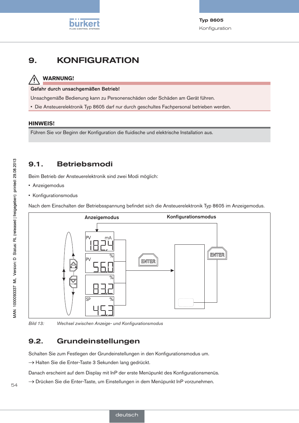 Konfiguration, Betriebsmodi, Grundeinstellungen | Burkert Type 8605 User Manual | Page 54 / 108