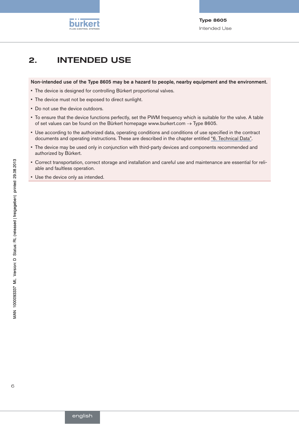 Intended use | Burkert Type 8605 User Manual | Page 6 / 108