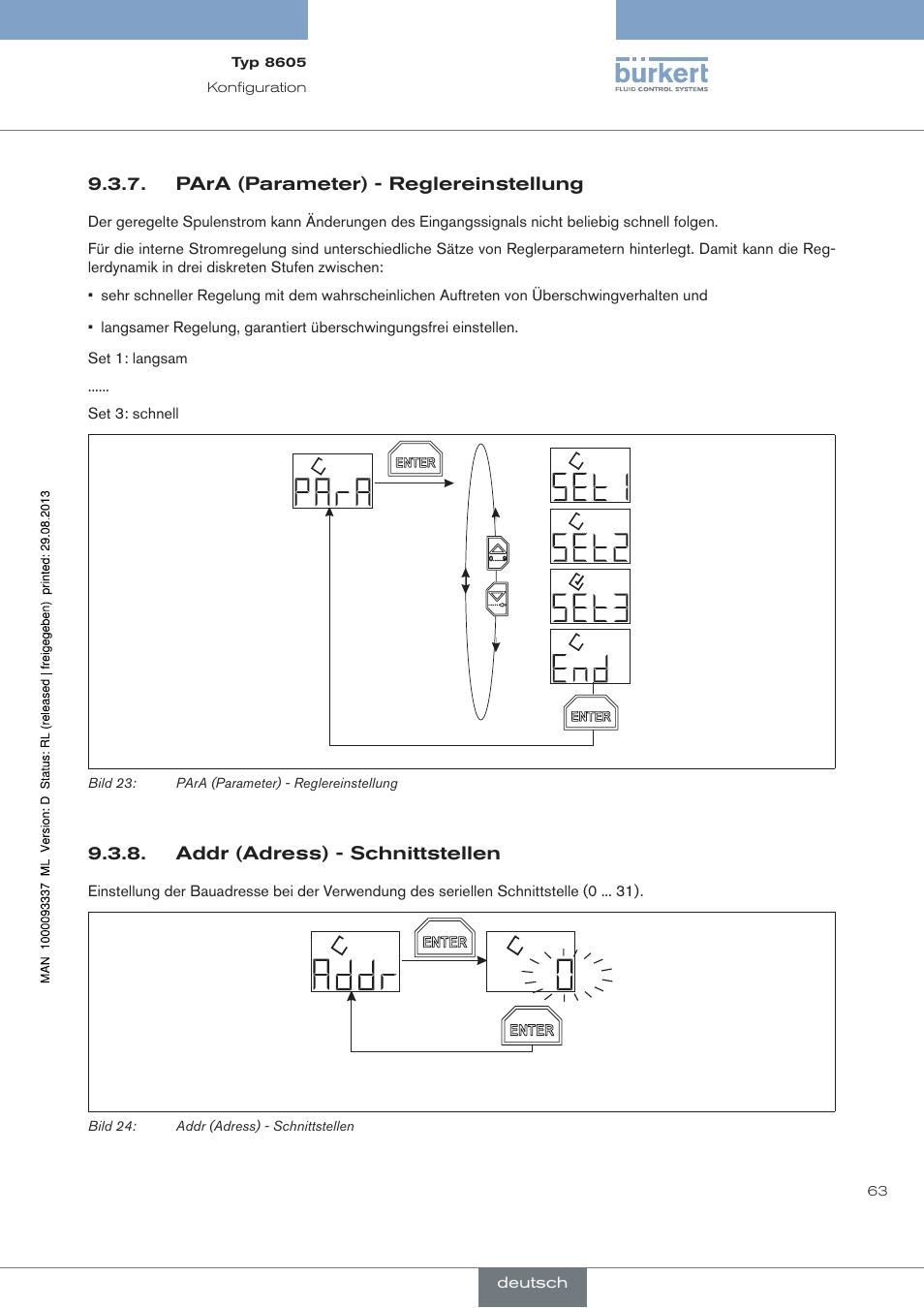 Para (parameter) - reglereinstellung, Addr (adress) - schnittstellen | Burkert Type 8605 User Manual | Page 63 / 108