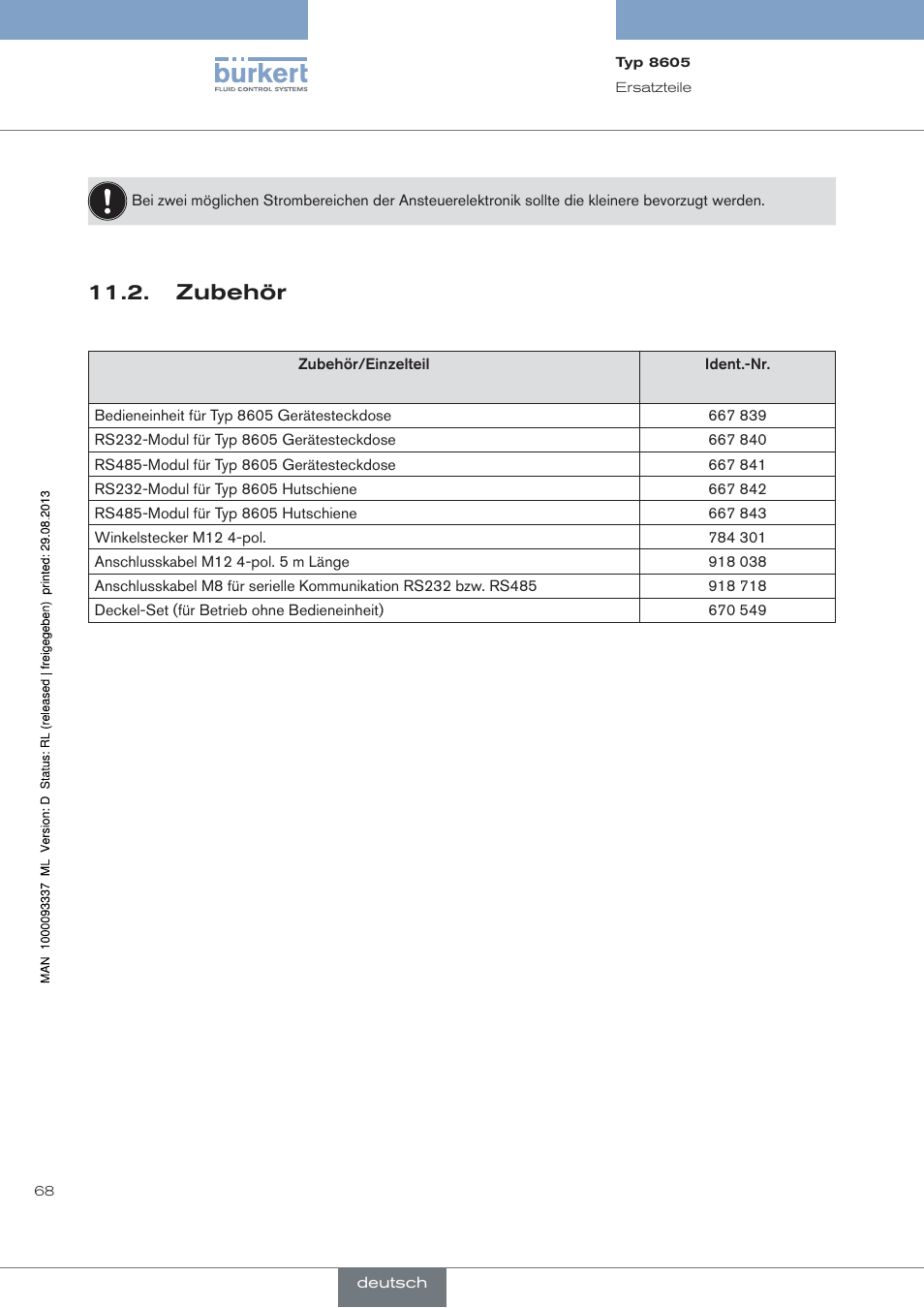 Zubehör | Burkert Type 8605 User Manual | Page 68 / 108