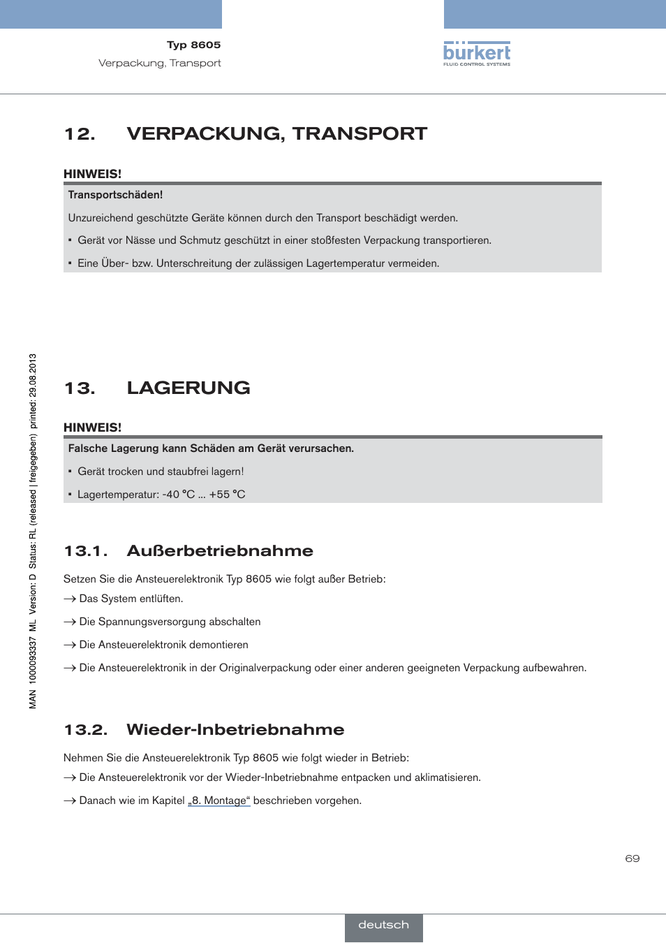 Verpackung, transport, Lagerung, Außerbetriebnahme | Wieder-inbetriebnahme | Burkert Type 8605 User Manual | Page 69 / 108