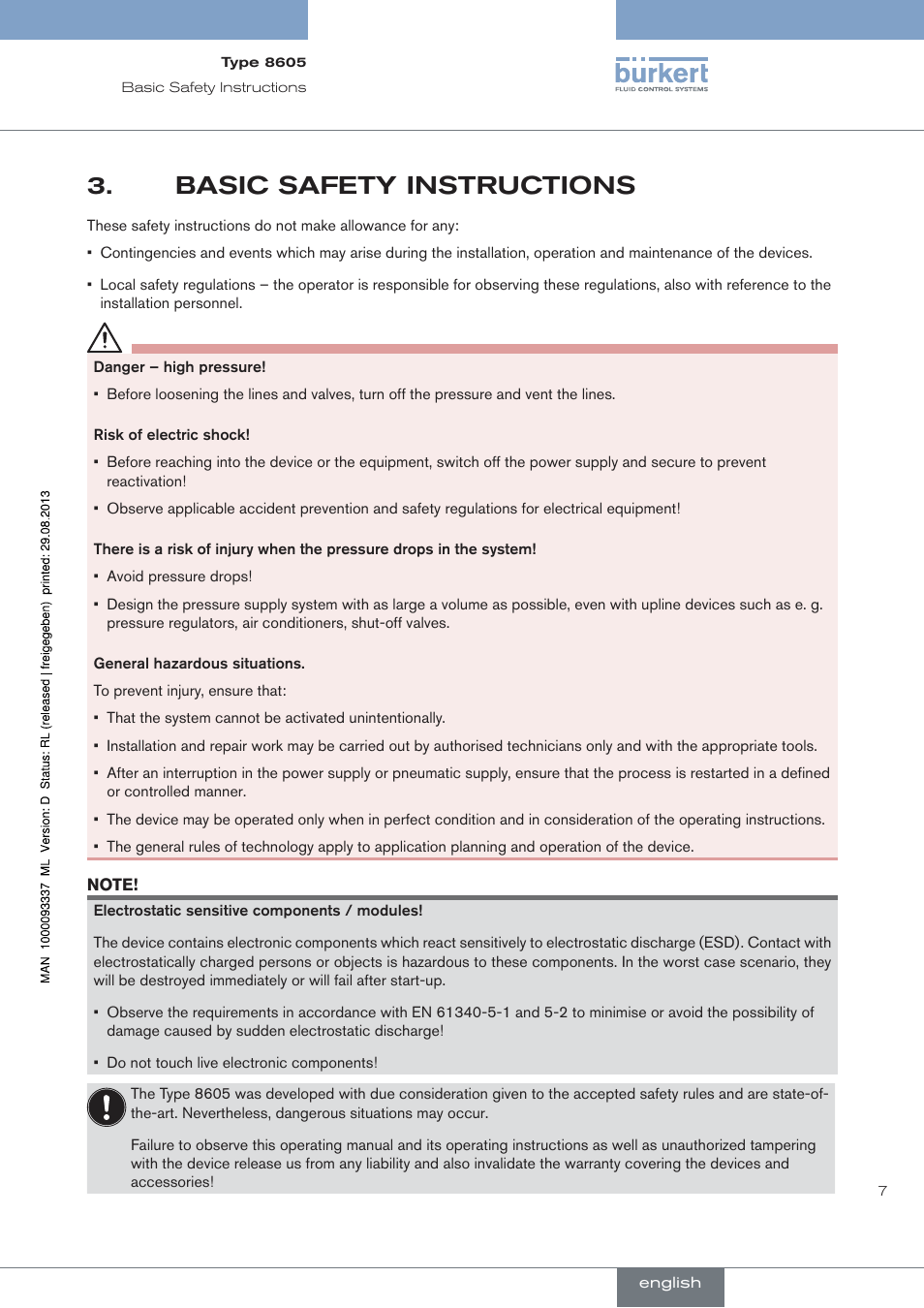 Basic safety instructions | Burkert Type 8605 User Manual | Page 7 / 108