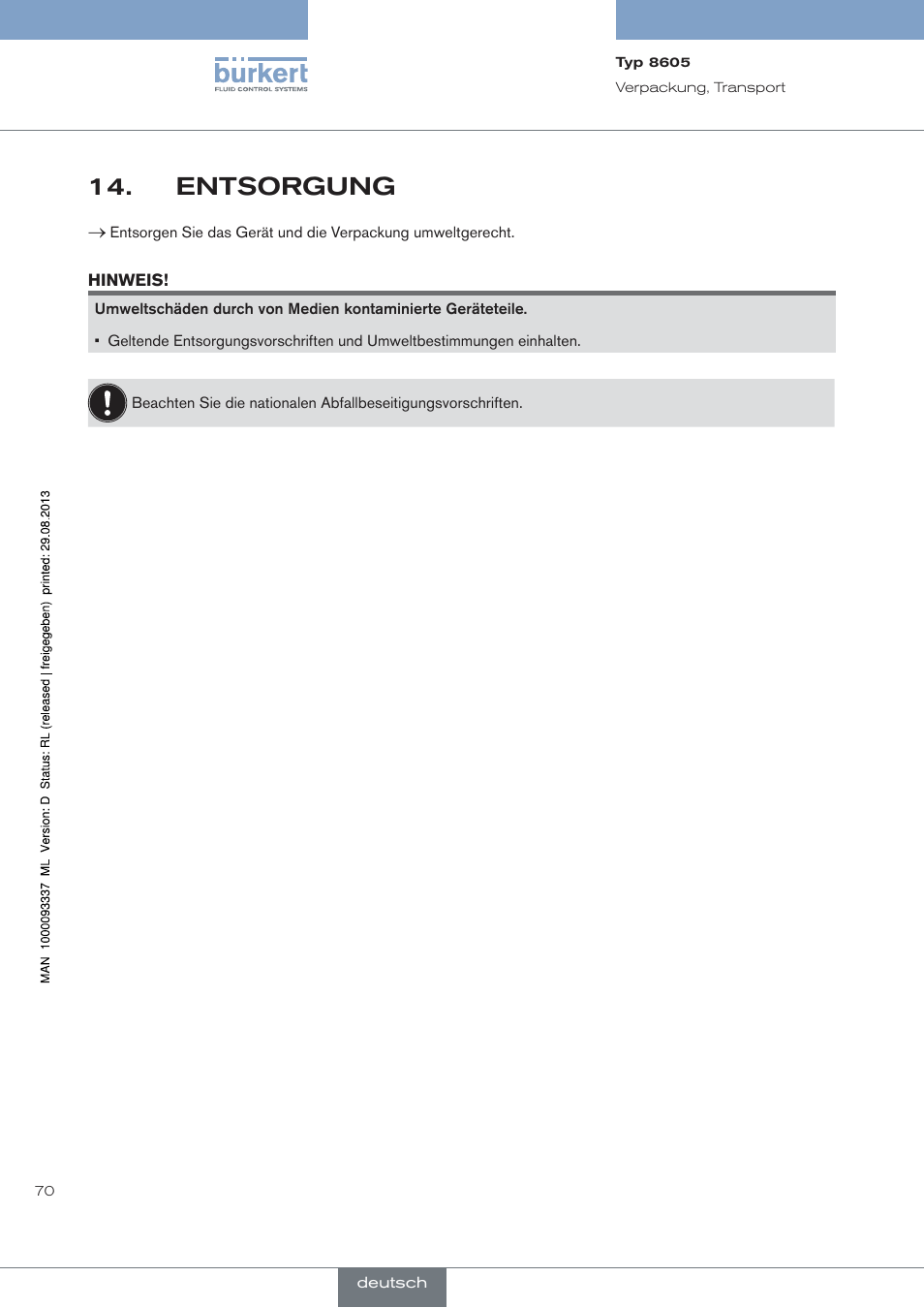 Entsorgung | Burkert Type 8605 User Manual | Page 70 / 108