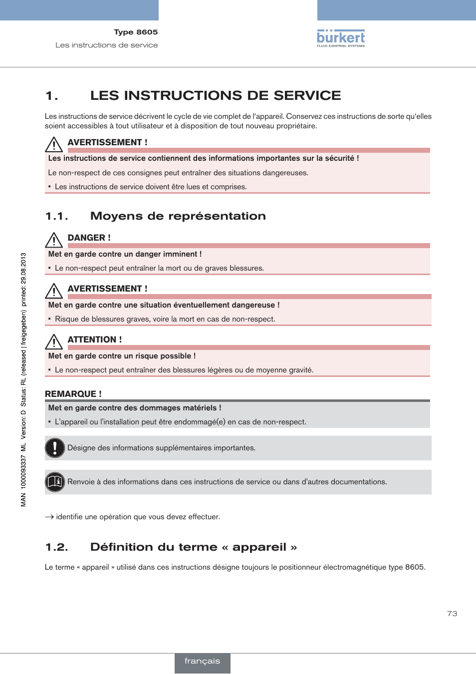 Les instructions de service, Moyens de représentation, Définition du terme « appareil | Burkert Type 8605 User Manual | Page 73 / 108