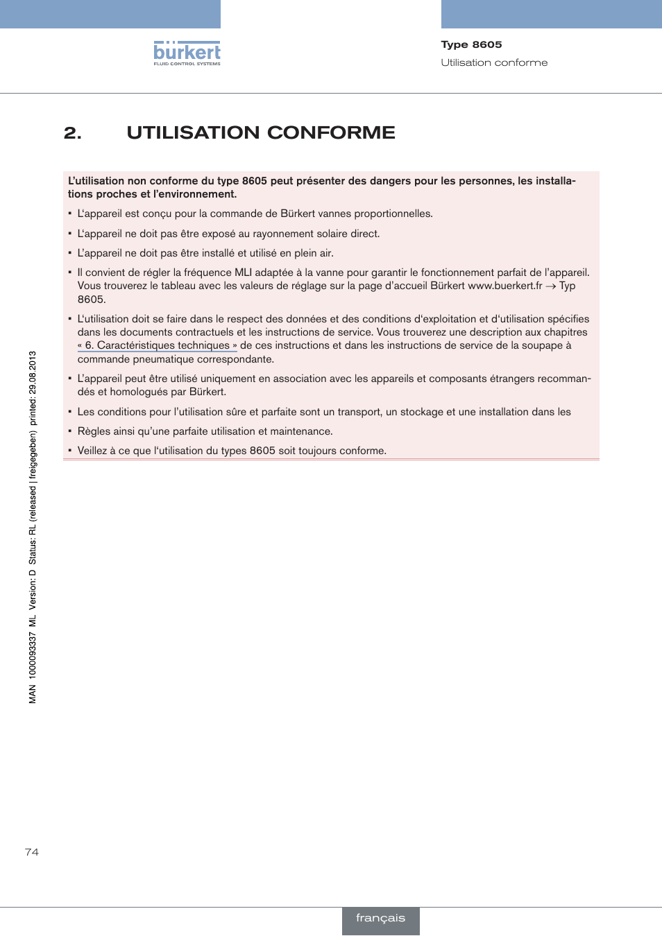 Utilisation conforme | Burkert Type 8605 User Manual | Page 74 / 108
