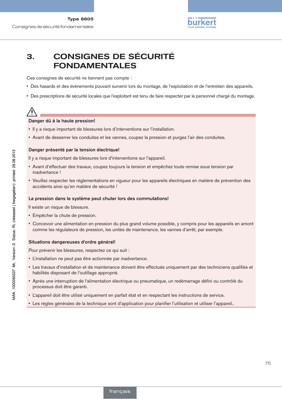 Consignes de sécurité fondamentales | Burkert Type 8605 User Manual | Page 75 / 108