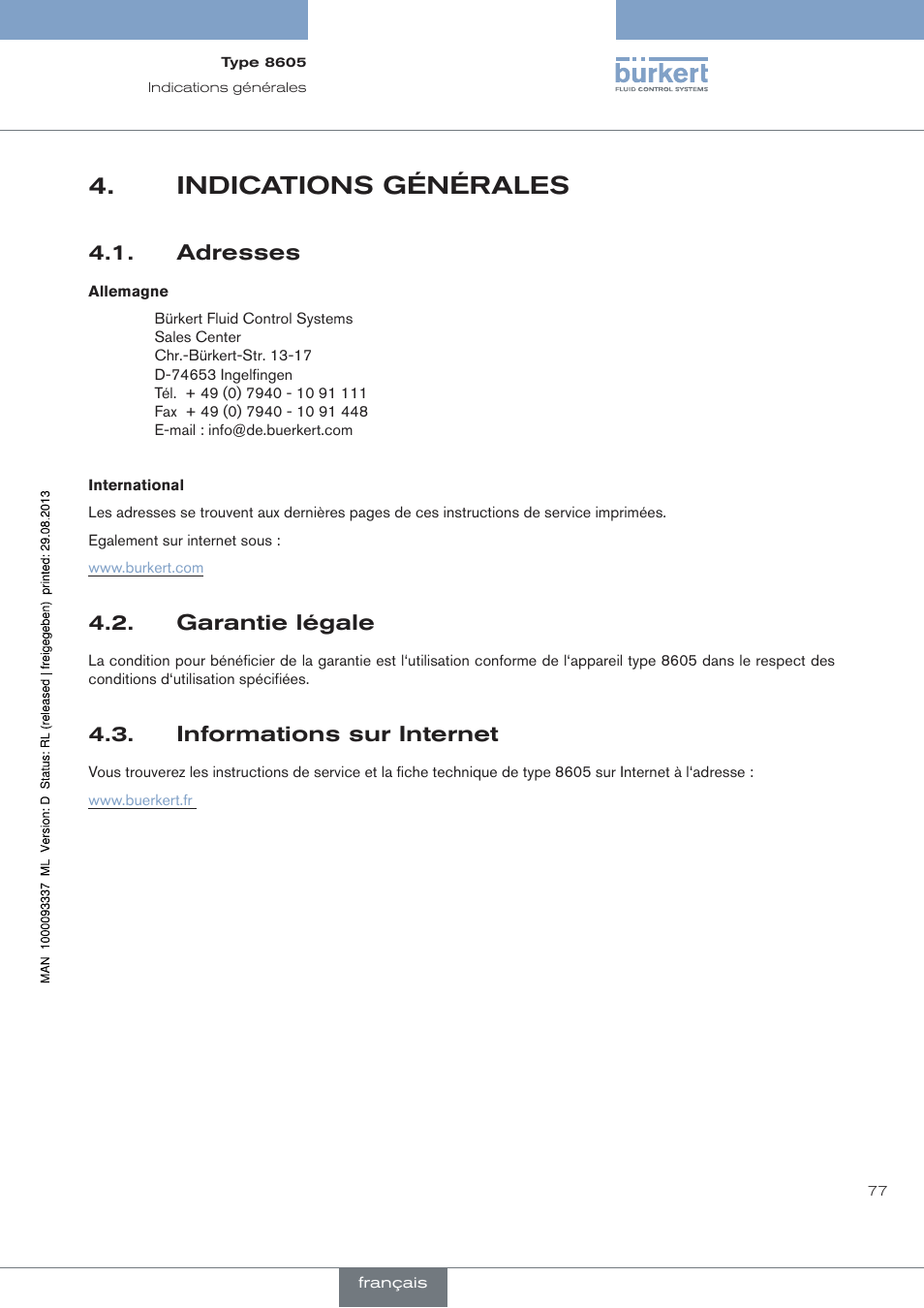 Indications générales, Adresses, Garantie légale | Informations sur internet | Burkert Type 8605 User Manual | Page 77 / 108