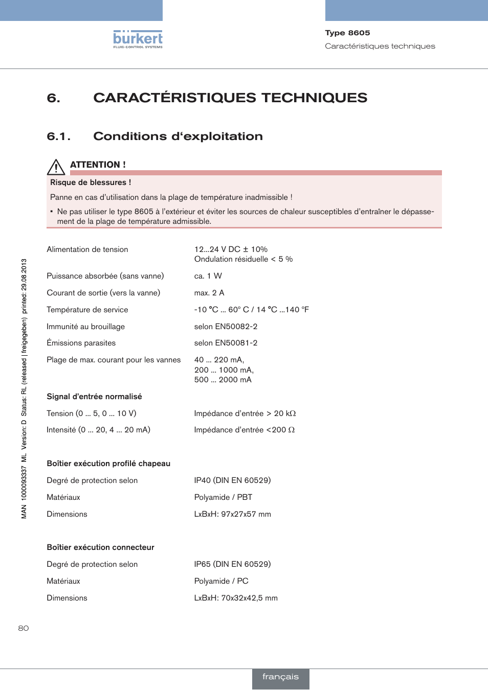 Caractéristiques techniques, Conditions d‘exploitation | Burkert Type 8605 User Manual | Page 80 / 108