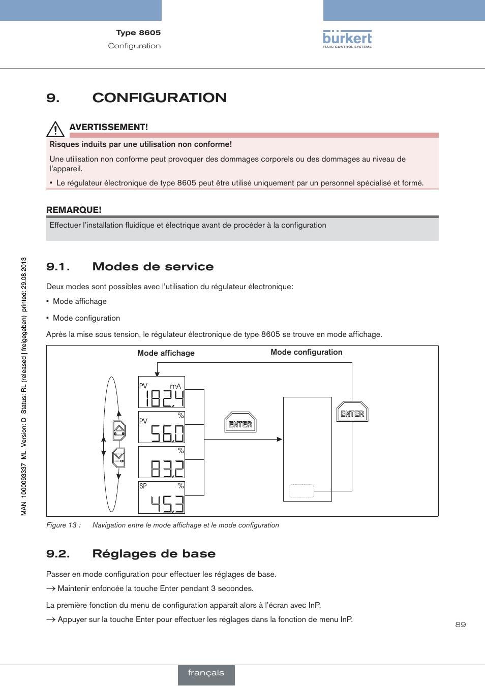 Configuration, Modes de service, Réglages de base | Burkert Type 8605 User Manual | Page 89 / 108