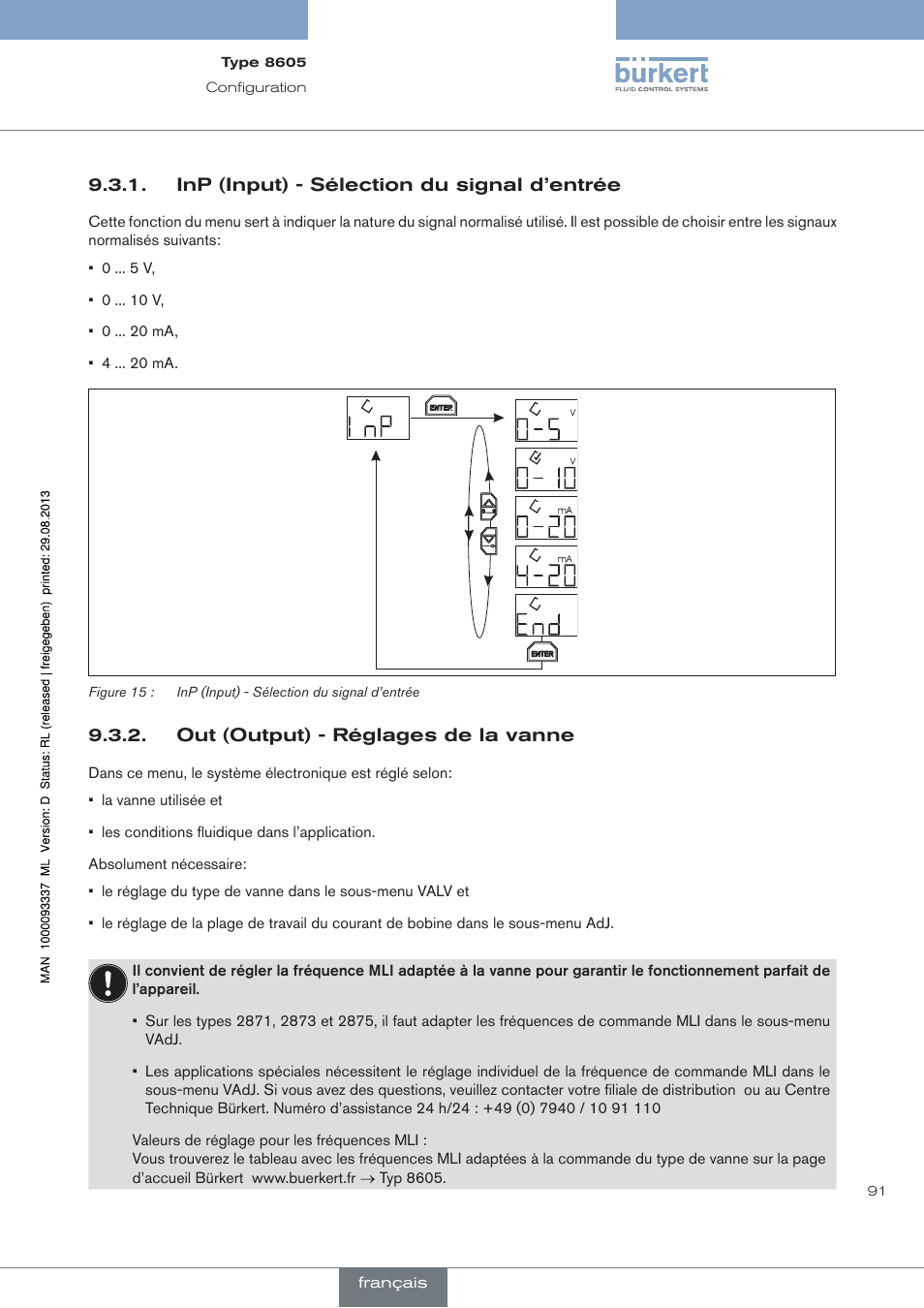 Inp (input) - sélection du signal d’entrée, Out (output) - réglages de la vanne | Burkert Type 8605 User Manual | Page 91 / 108