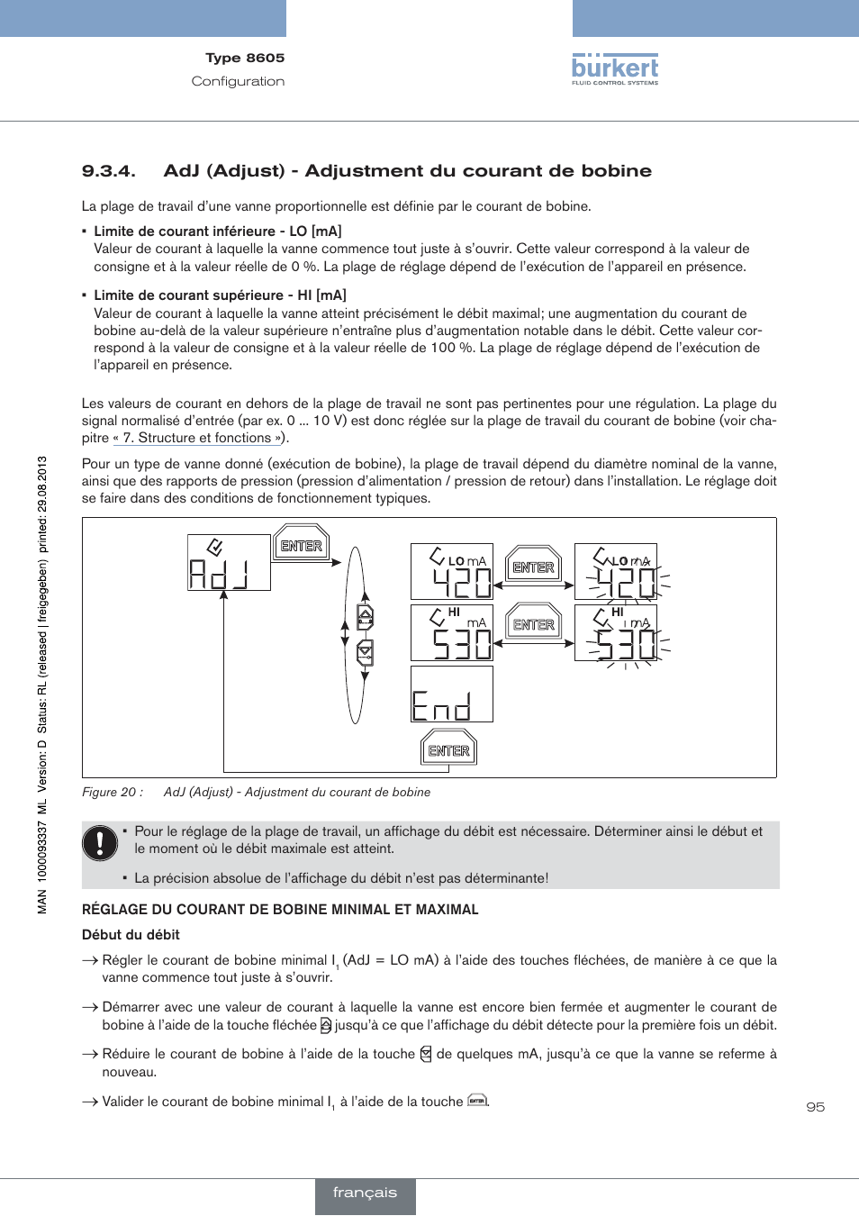 Adj (adjust) - adjustment du courant de bobine | Burkert Type 8605 User Manual | Page 95 / 108