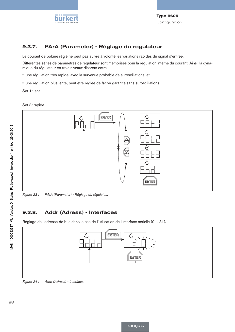 Para (parameter) - réglage du régulateur, Addr (adress) - interfaces | Burkert Type 8605 User Manual | Page 98 / 108