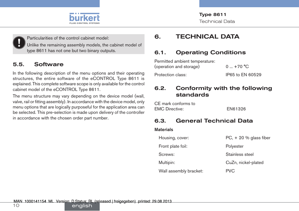 Software, Technical data, Operating conditions | Burkert Type 8611 User Manual | Page 10 / 142