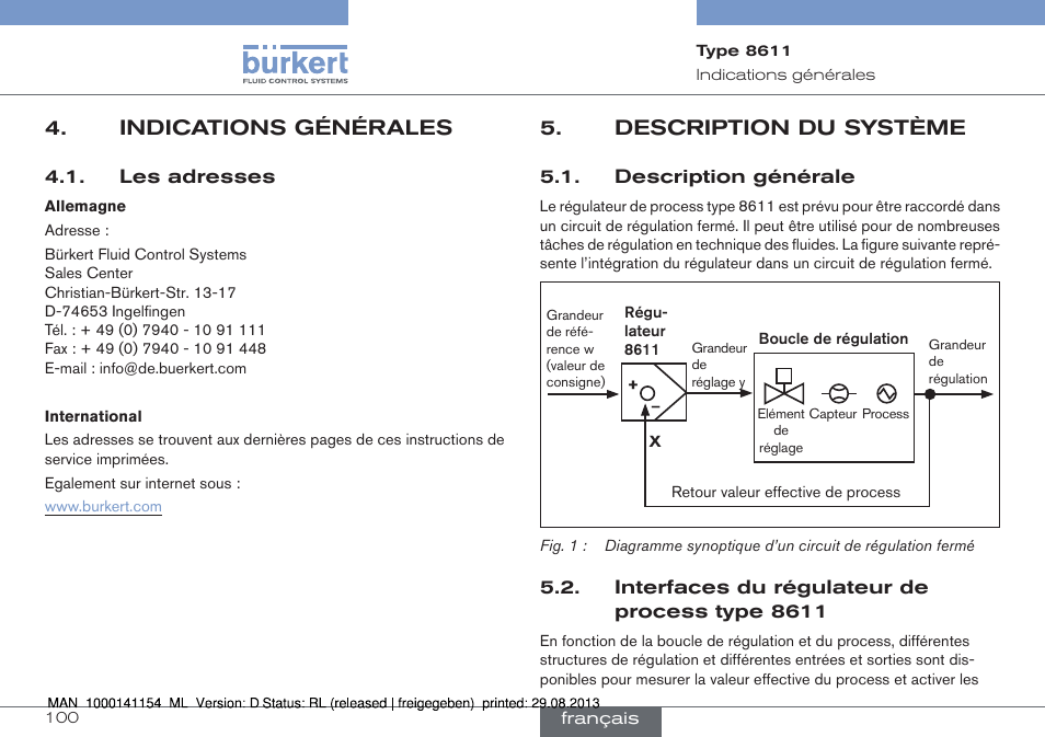 Indications générales, Les adresses, Description du système | Burkert Type 8611 User Manual | Page 100 / 142