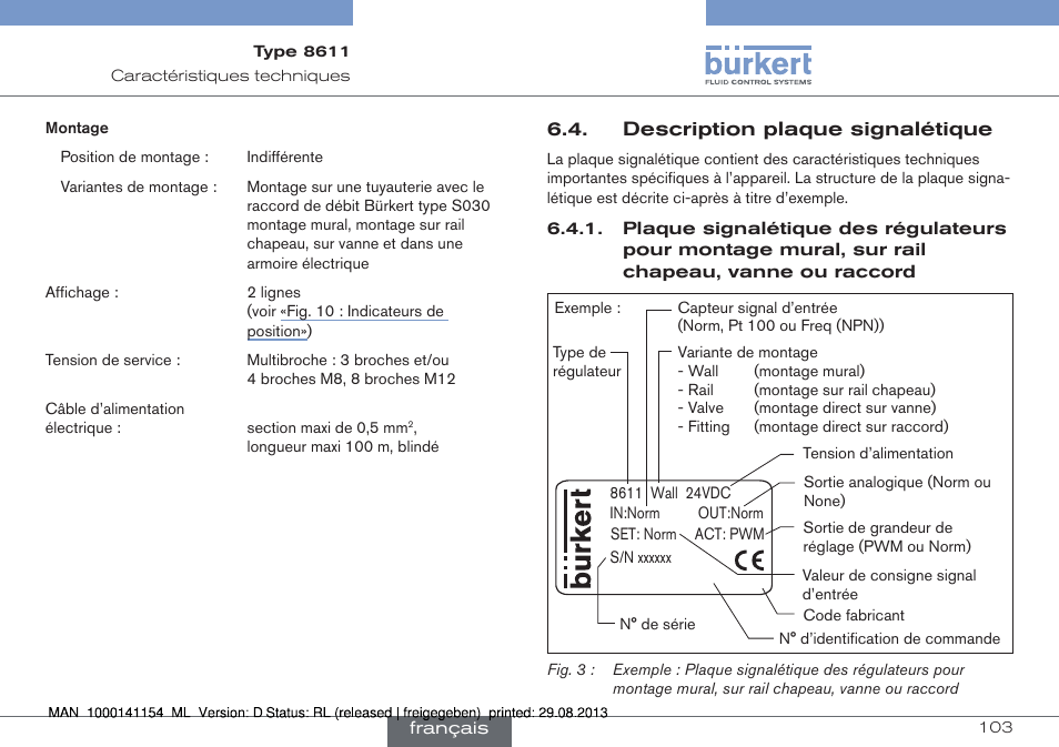 Description plaque signalétique | Burkert Type 8611 User Manual | Page 103 / 142