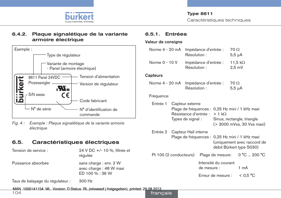 Caractéristiques électriques | Burkert Type 8611 User Manual | Page 104 / 142