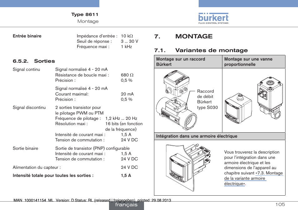 Montage, Variantes de montage | Burkert Type 8611 User Manual | Page 105 / 142