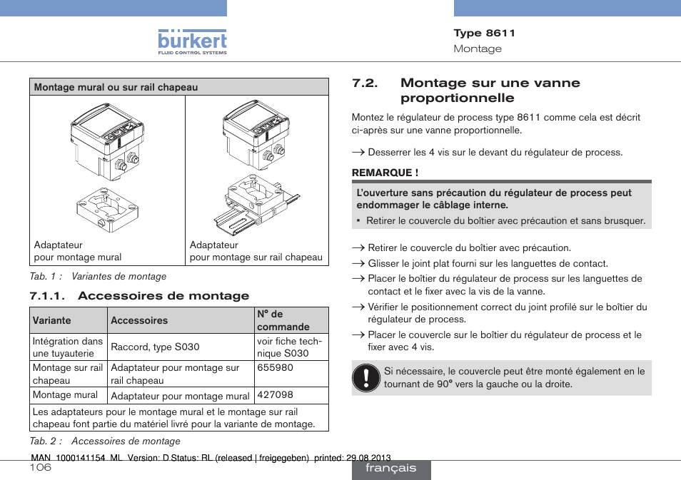 Montage sur une vanne proportionnelle | Burkert Type 8611 User Manual | Page 106 / 142