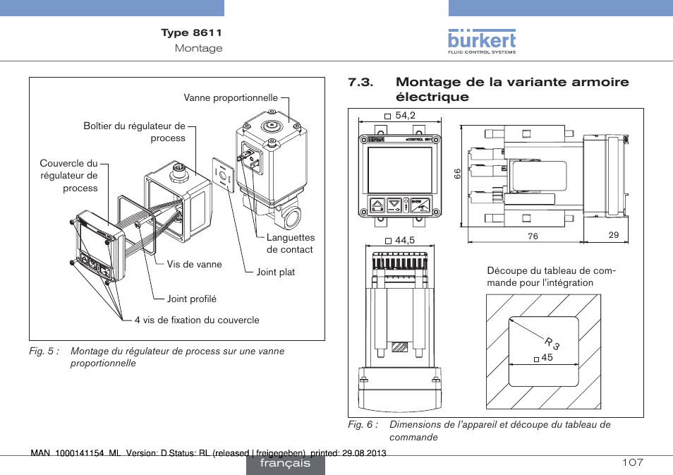 Montage de la variante armoire électrique, Chapitre suivant «7.3. montage, De la variante armoire | Électrique | Burkert Type 8611 User Manual | Page 107 / 142