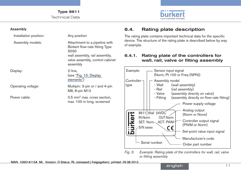 Rating plate description | Burkert Type 8611 User Manual | Page 11 / 142