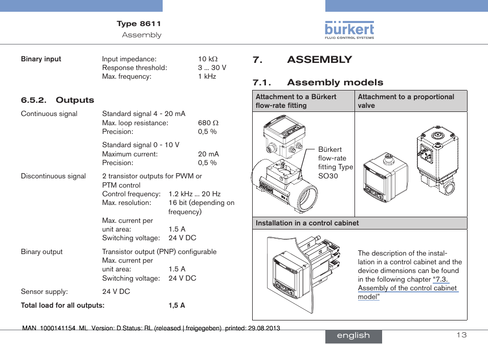 Assembly, Assembly models | Burkert Type 8611 User Manual | Page 13 / 142