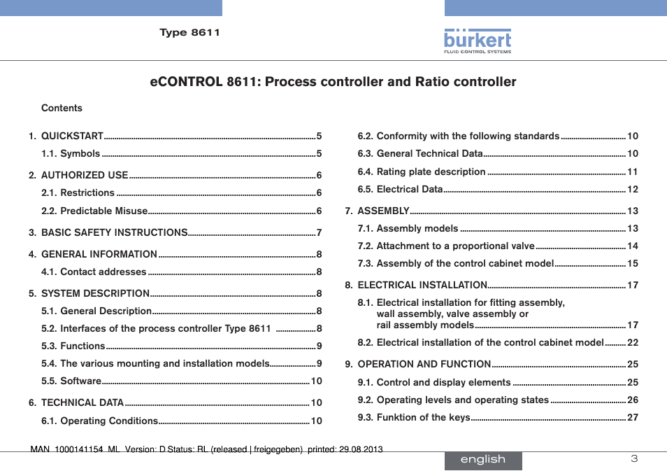 English | Burkert Type 8611 User Manual | Page 3 / 142