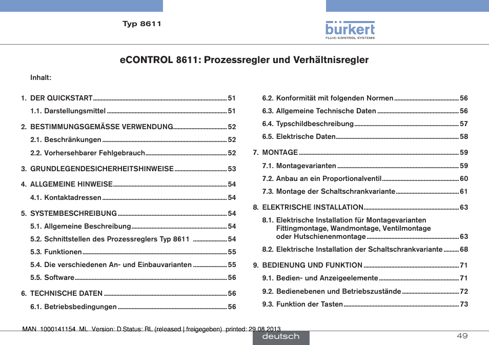 Deutsch, Econtrol 8611: prozessregler und verhältnisregler | Burkert Type 8611 User Manual | Page 49 / 142