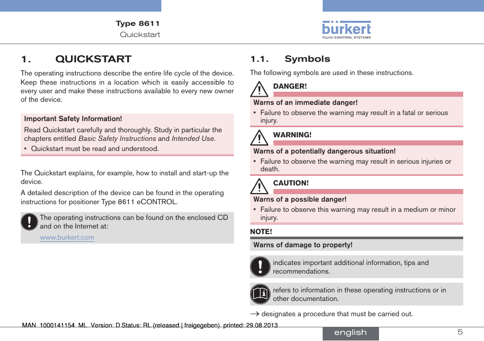 Quickstart, Symbols | Burkert Type 8611 User Manual | Page 5 / 142