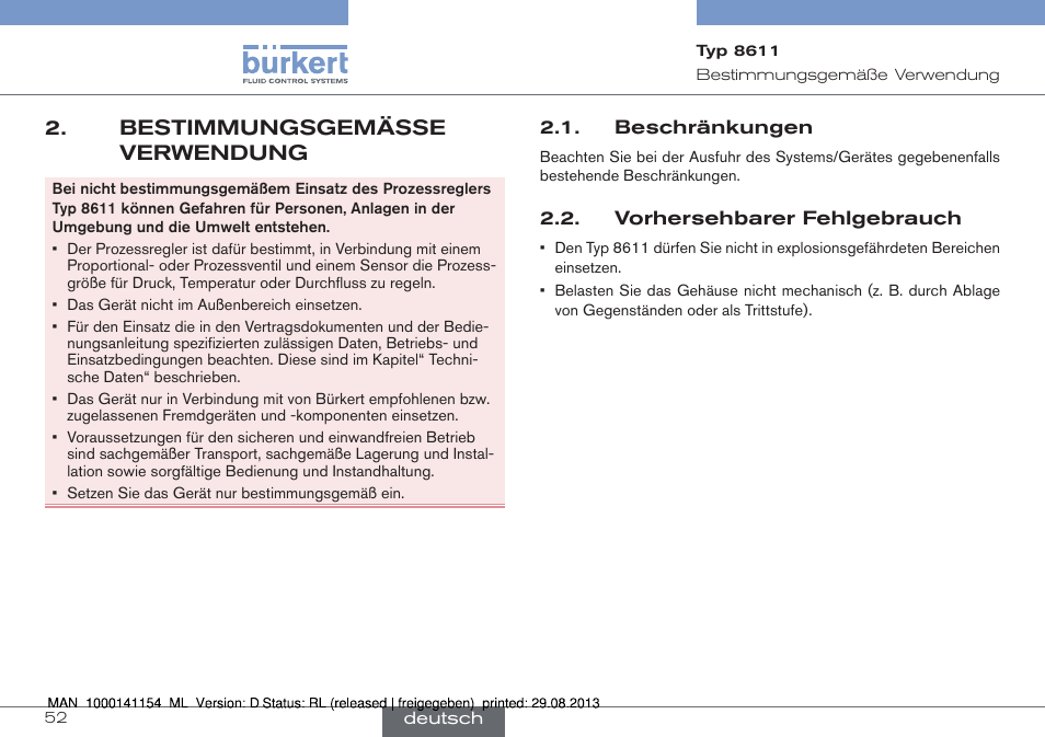 Bestimmungsgemässe verwendung, Beschränkungen 2.2. vorhersehbarer fehlgebrauch | Burkert Type 8611 User Manual | Page 52 / 142
