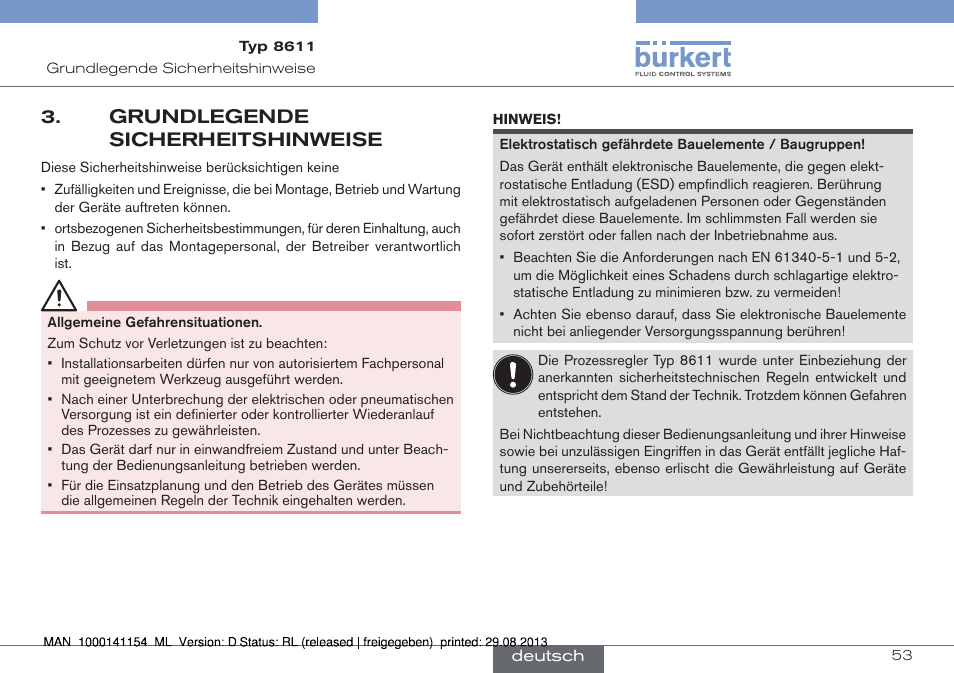 Grundlegendesicherheitshinweise, Grundlegende sicherheitshinweise | Burkert Type 8611 User Manual | Page 53 / 142