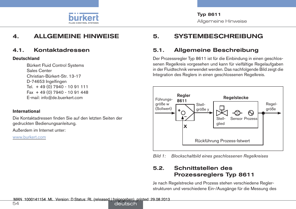 Allgemeine hinweise, Kontaktadressen, Systembeschreibung | Burkert Type 8611 User Manual | Page 54 / 142