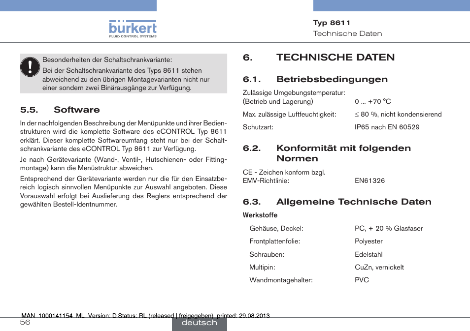 Software, Technische daten, Betriebsbedingungen | Burkert Type 8611 User Manual | Page 56 / 142