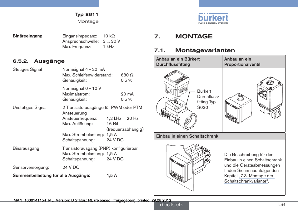 Montage, Montagevarianten | Burkert Type 8611 User Manual | Page 59 / 142