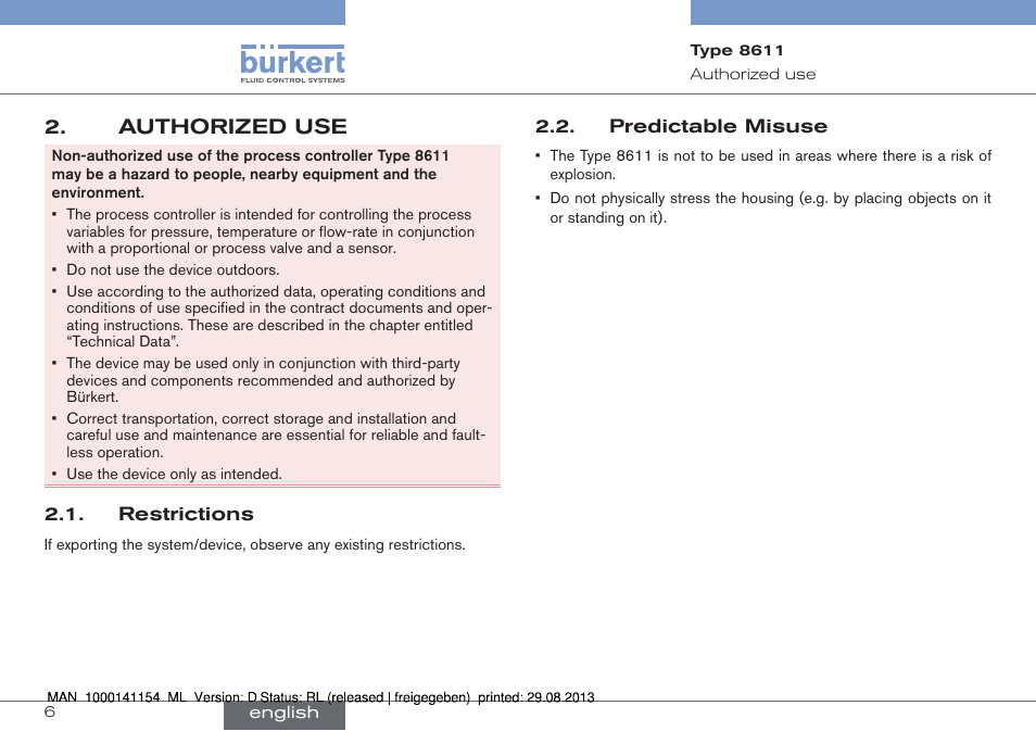 Authorized use, Restrictions 2.2. predictable misuse | Burkert Type 8611 User Manual | Page 6 / 142