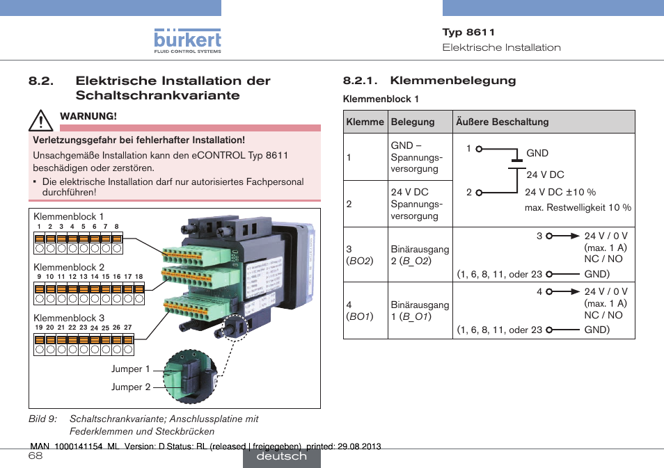 Elektrische installation der schaltschrankvariante | Burkert Type 8611 User Manual | Page 68 / 142