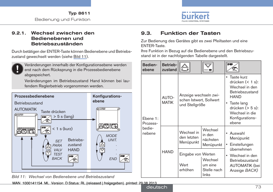 Funktion der tasten, Deutsch | Burkert Type 8611 User Manual | Page 73 / 142