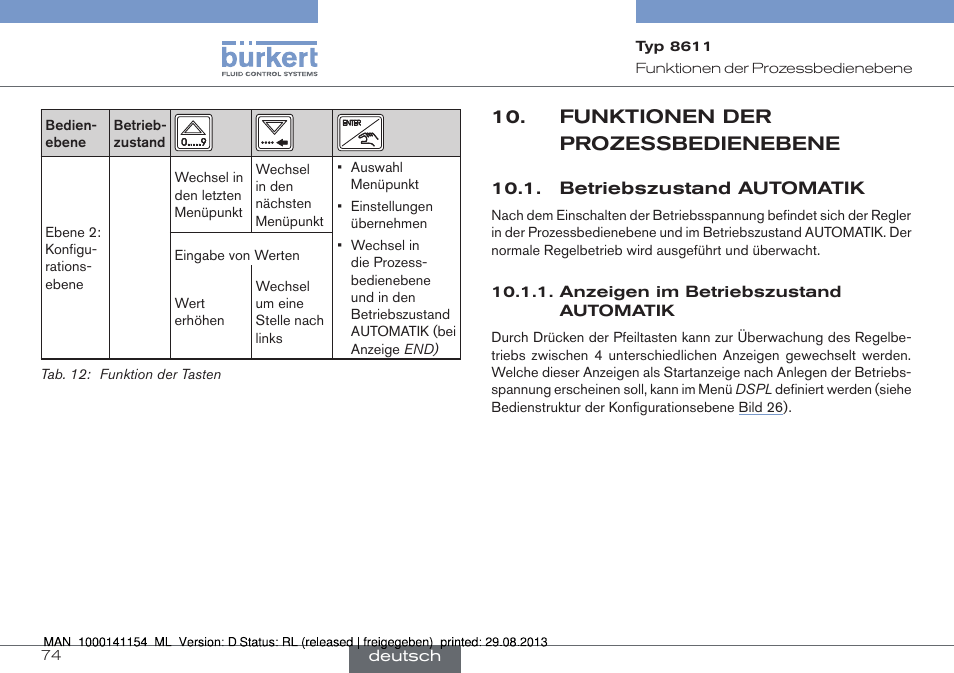 Funktionen der prozessbedienebene, Betriebszustand automatik | Burkert Type 8611 User Manual | Page 74 / 142