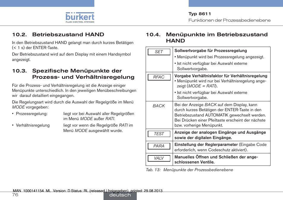 Verhältnisregelung, Menüpunkte im betriebszustand hand | Burkert Type 8611 User Manual | Page 76 / 142