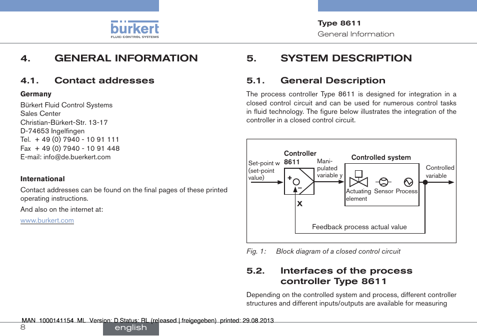 General information, Contact addresses, System description | Burkert Type 8611 User Manual | Page 8 / 142