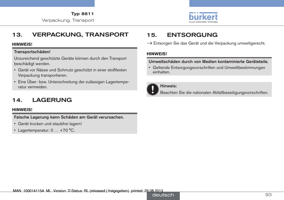 Verpackung, transport, Lagerung, Entsorgung | Burkert Type 8611 User Manual | Page 93 / 142