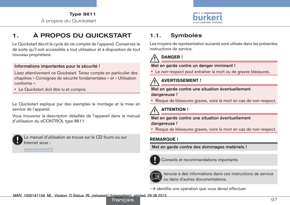 À propos du quickstart, Symboles | Burkert Type 8611 User Manual | Page 97 / 142