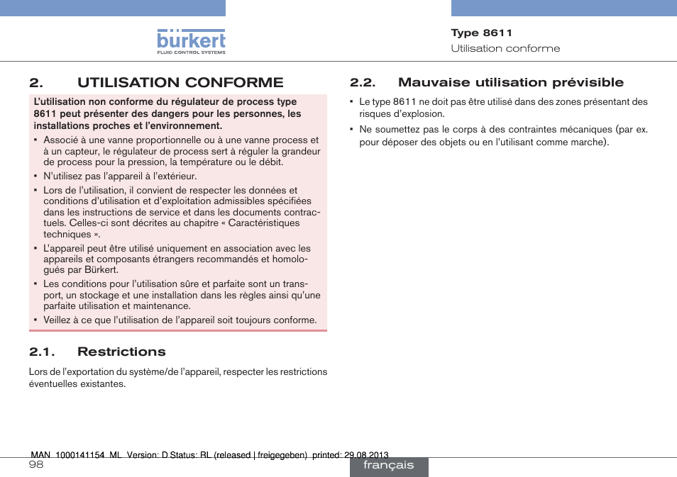 Utilisation conforme, Restrictions 2.2. mauvaise utilisation prévisible | Burkert Type 8611 User Manual | Page 98 / 142